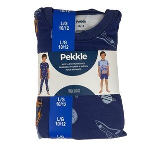 Pekkle Kids Space Cotton 4 Piece Pajama Set Blue Size L 10/12 NWT